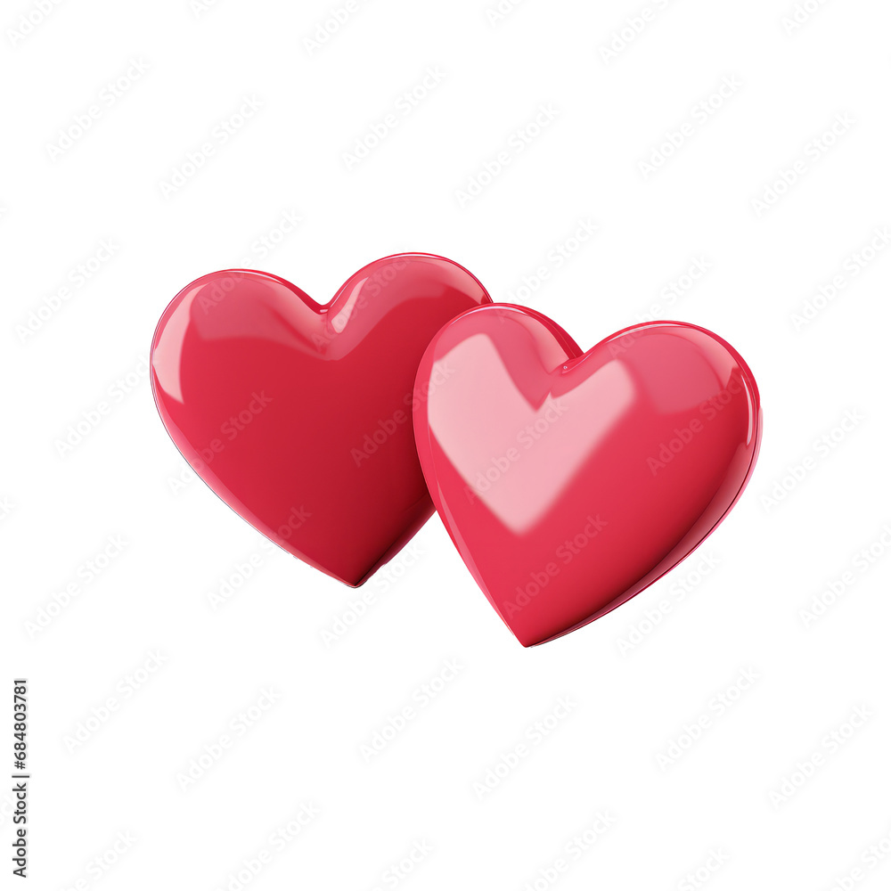 Couple of 3d red hearts illustration icon isolated on white transparent background. Love hearts