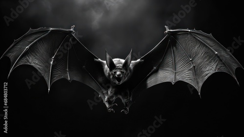  a black and white photo of a bat flying in the air with it's wings spread out and it's eyes open.