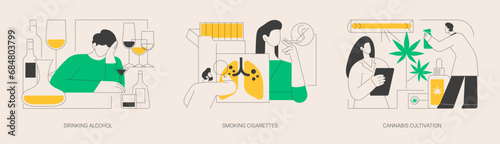 Unhealthy habits abstract concept vector illustrations.