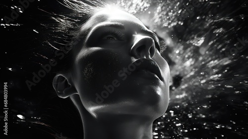  a black and white photo of a woman's face with water splashing on her face and hair blowing in the wind. © Anna