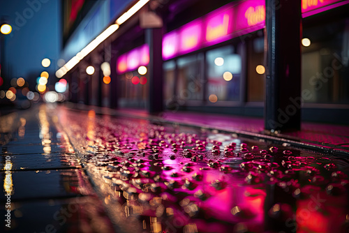 A city street at night with lights reflecting off the wet pavement created with generative AI technology