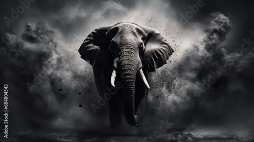  a black and white photo of an elephant in the middle of a cloud of smoke and water with a dark sky in the background.