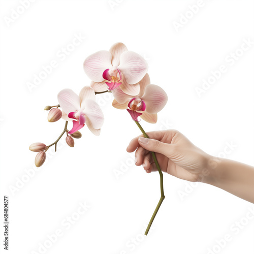 Female hand holding a orchid on white background, Generative AI
