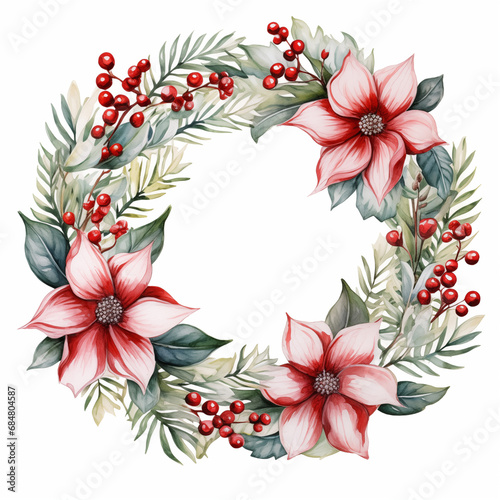 Fototapeta Naklejka Na Ścianę i Meble -  Christmas Watercolor Floral Wreath with foliage, flowers and berries