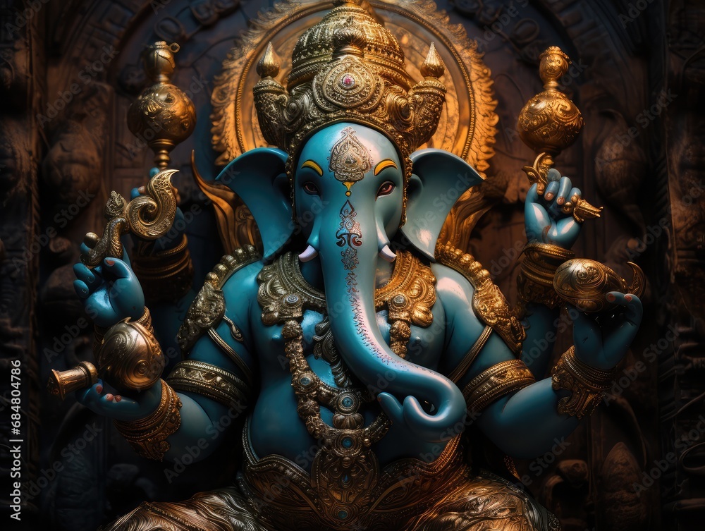 Fototapeta premium Lord Ganesha hindu god sitting on lotus sit, ganpati god image with dark background