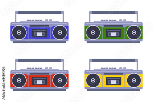 multi-colored musical tape recorder set. flat vector illustration.