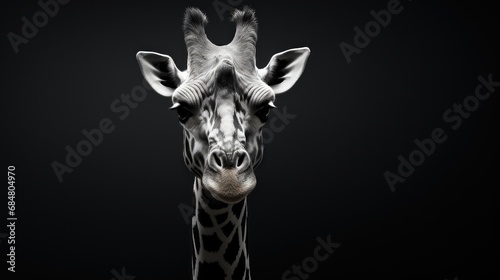 a black and white photo of a giraffe's head with a very long neck and long neck.