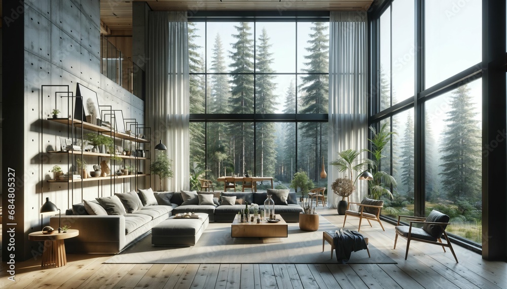 Mid-century loft home interior in forest house - modern living room design Mid-century loft home interior in forest house - modern living room design