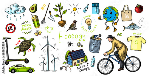 Ecology background. Zero waste. Hand drawn eco transport, bio. Waste sorting and recycling. Windmills and nature. Woodcut Doodles set. Engraved sketch.