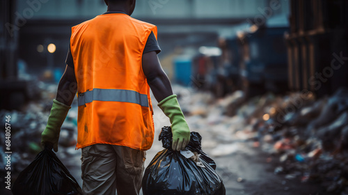 Close up rearview photography of a black garbage man wearing orange vest and green gloves, carrying the black bags full of trash to the landfill. Blurred containers in the background. Plastic recycle