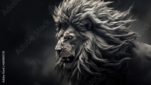  a black and white photo of a lion's head with its hair blowing in the wind in front of a dark background.