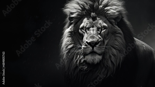  a black and white photo of a lion s face with it s eyes closed and it s hair blowing in the wind.