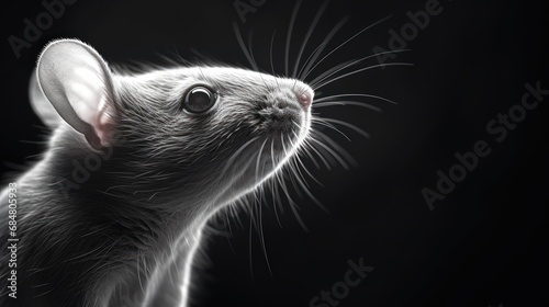  a black and white photo of a rat looking up at something in it's left eye, with a black background.