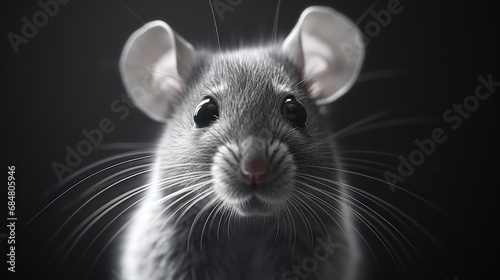  a close up of a gray rat looking at the camera with an intense look on it's face, with a black background.
