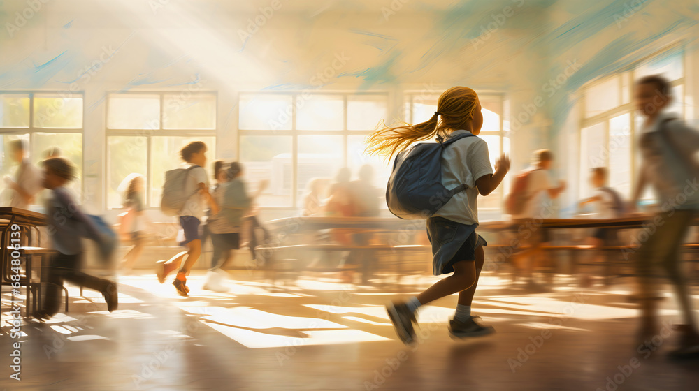 Young elementary school students, kids with backpacks, joyfully running all around the classroom, celebrating the last day of school and the beginning of summer break. Motion blur