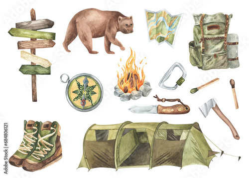 Watercolor summer journey, vacation, trip Hand drawn nature set: compass, sleeping bag, tent, axe, knife, boots, bonfire, camping isolated on white background. illustration for map creator, invitation