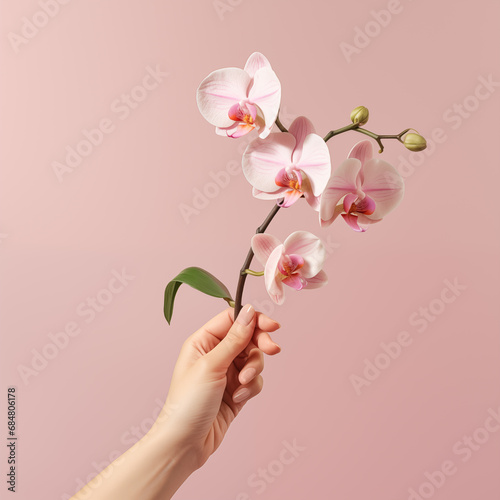 Female hand holding a orchid on pink background, Generative AI