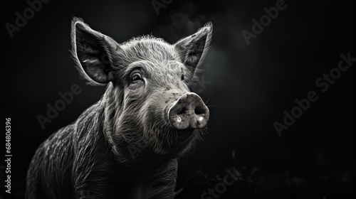  a black and white photo of a pig's face with a smoke billowing out of it's ear.