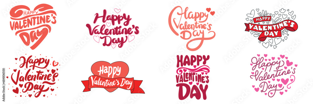 Collection of Happy Valentine's Day lettering inscription. Set of handwriting Happy Valentine's Day text color isolated on white background. Hand drawn vector art. 