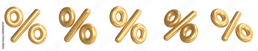 Set of golden percent signs different angles 3D rendering illustration isolated on white background - obrazy, fototapety, plakaty 