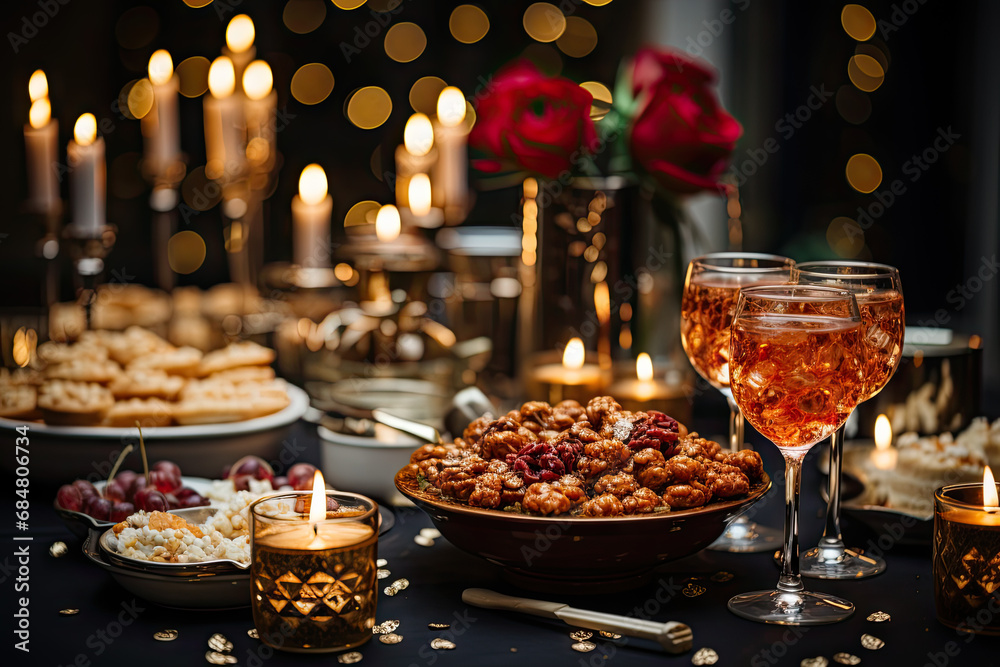 A table topped with plates of food and candles