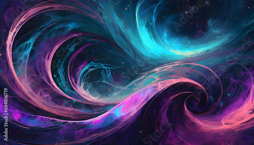 Cosmic swirls reminiscent of galaxies. Deep blues, purples, and blacks creating a cosmic, otherworldly atmosphere background