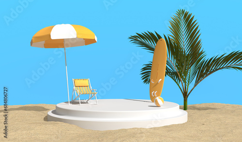 Fototapeta Naklejka Na Ścianę i Meble -  Summer beach vacation podium for product marketing on sandy beach with sun umbrella, chair lounge, surfing board and palm tree, minimalist 3D rendering scene