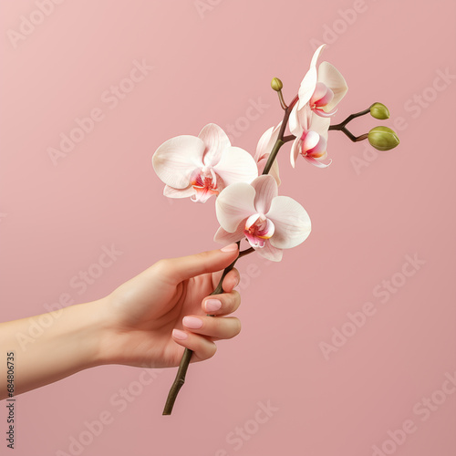 Female hand holding a orchid on pink background, Generative AI