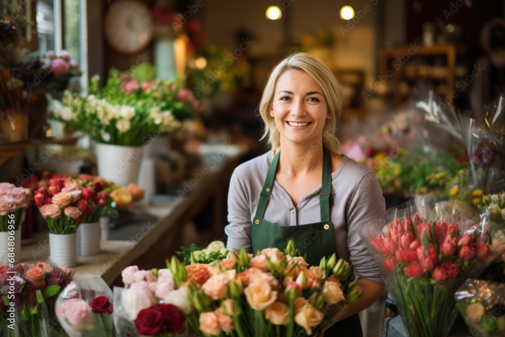 Smiling attractive blonde female Small business owner in her florist shop