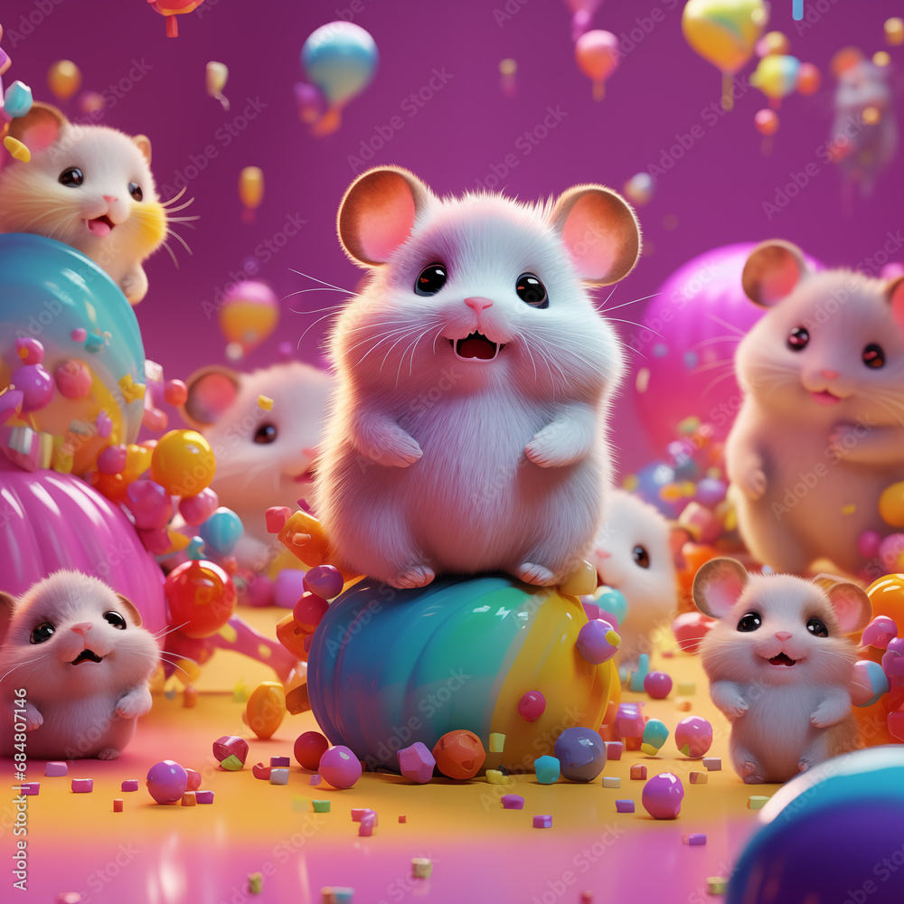 Cute hamsters in sweet candy land. Holiday mood with multicolored elements and balloons Cute hamsters in sweet candy land. Holiday mood with multicolored elements and balloons