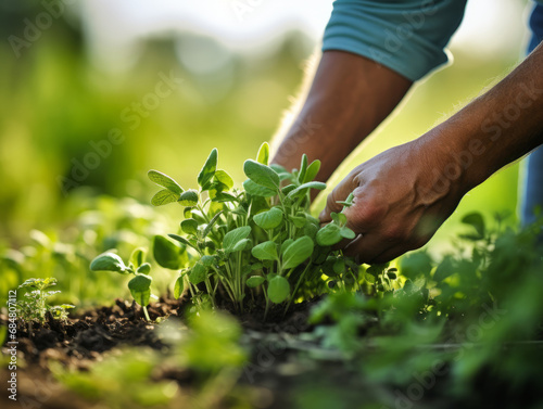 Close-up of a hand nurturing young herb plants in sunlight.