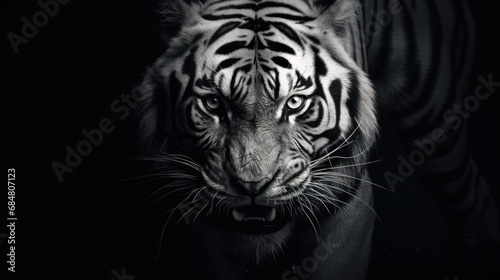  a close up of a tiger's face with a black background and a white tiger in the foreground.