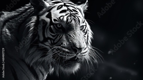  a black and white photo of a tiger's face, with a blurry background of snow flakes.