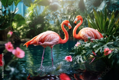 Tropical ambiance with flowers, plants, leaves, and the graceful presence of flamingos.