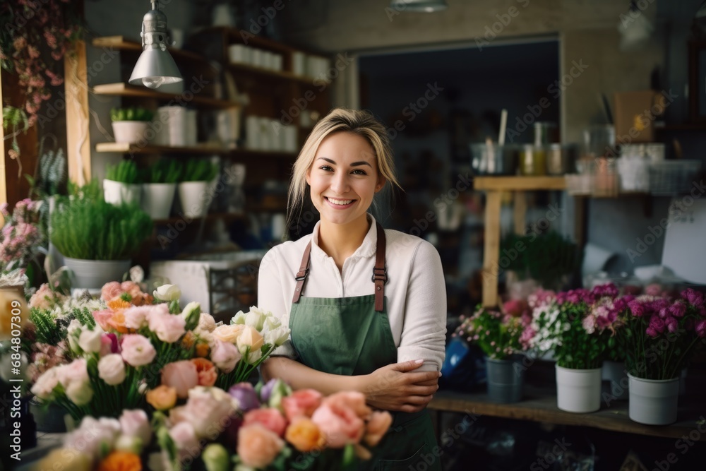 Smiling attractive blonde female Small business owner in her florist shop