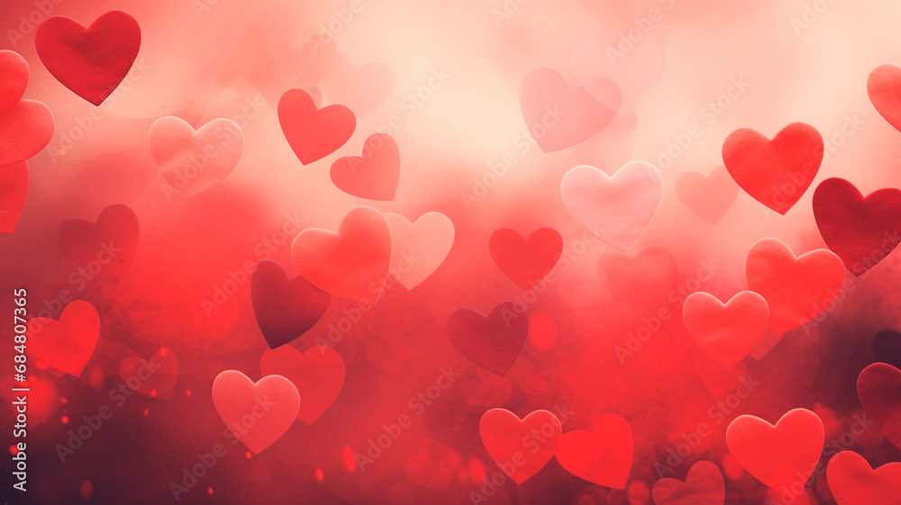 red hearts with gift box and ribbon on red background