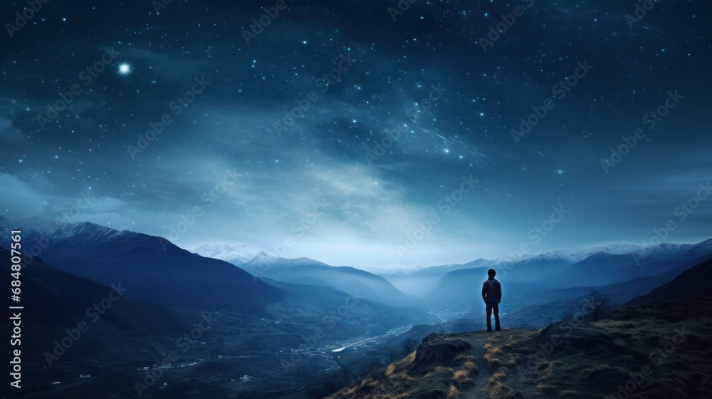  a man standing on top of a mountain under a night sky filled with stars and a bright star filled sky.