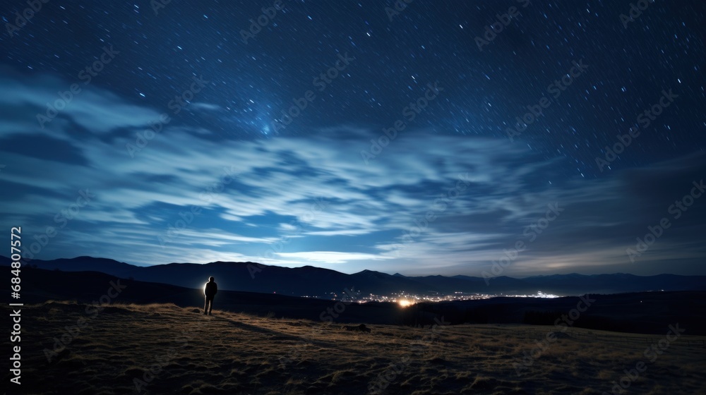  a person standing in the middle of a field under a night sky with stars and a city in the distance.