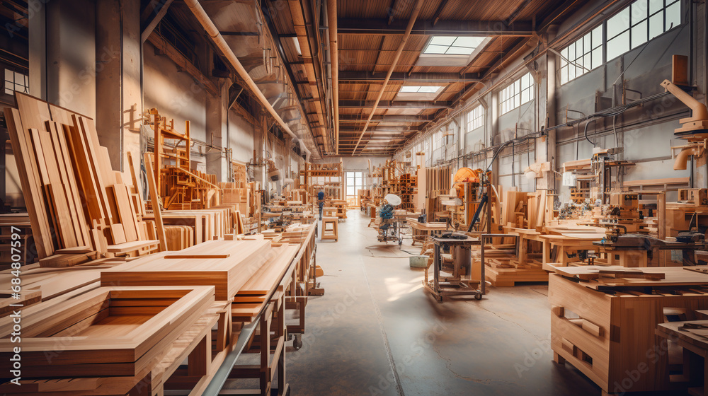 Furniture factory, work shop of a large factory for the production of furniture and interior items made of wood. ai generative Furniture factory, work shop of a large factory for the production of furniture and interior items made of wood. ai generative