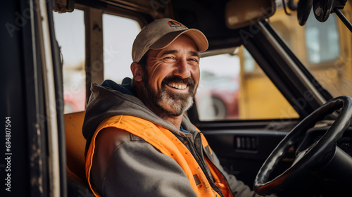 Happy driver of an industrial dump truck sits in the cab and works on a construction site. ai generative photo