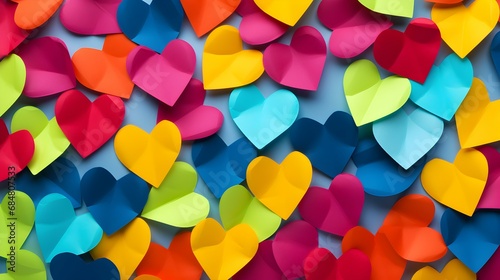 Seamless Background of Paper Hearts in multiple Colors. Romantic Wallpaper with Copy Space