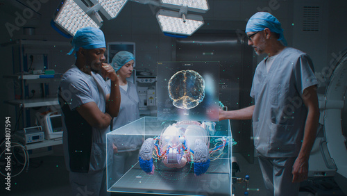 Multiethnic surgeons work in hospital operating room. 3D graphics of virtual hologram showing human skeleton, brain and vital signs. VFX animation. AI technologies in medicine. Futuristic healthcare.
