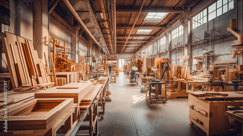 Furniture factory, work shop of a large factory for the production of furniture and interior items made of wood. ai generative