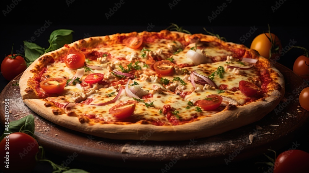 a pizza sitting on top of a wooden platter covered in cheese, tomatoes, onions, and other toppings.