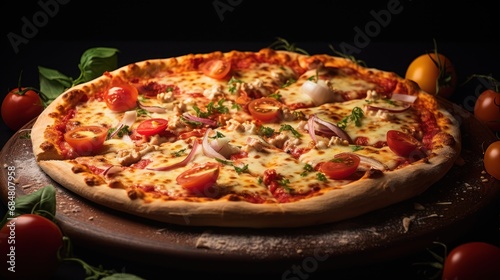  a pizza sitting on top of a wooden platter covered in cheese, tomatoes, onions, and other toppings.