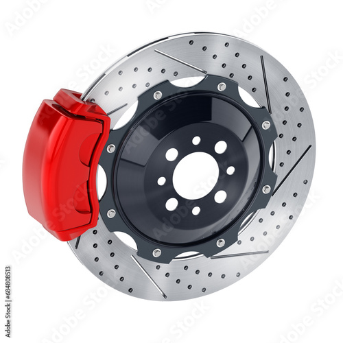 Performance brake disc and red brake pad isolated on transparent background. 3D illustration