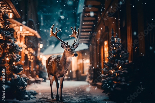 Sana's magic deer walks down the street of Christmas town.