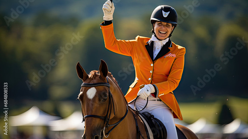 Rider celebrates dressage test success content horse vibrant arena colors joyful expressions photo