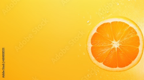  an orange cut in half on a yellow background with water splashing on the top and bottom of the slice.
