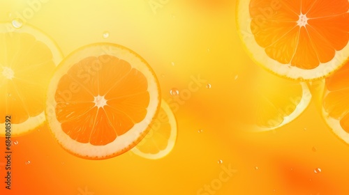  a group of sliced oranges sitting on top of a green counter top next to a yellow and orange background.